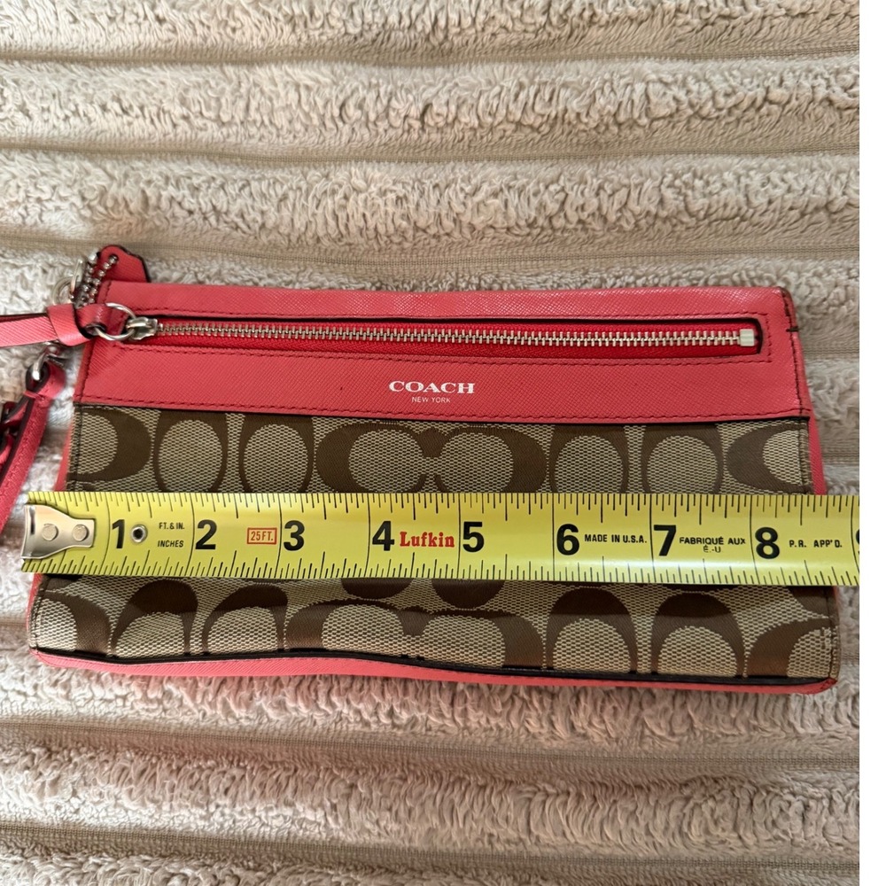 Coach Signature Canvas Saffiano Leather Wristlet Coral Pink Khaki 52860 - Picture 9 of 15